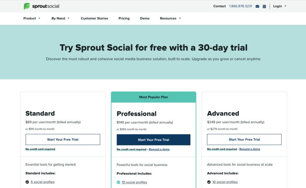 Screenshot of Sprout Social's pricing page
