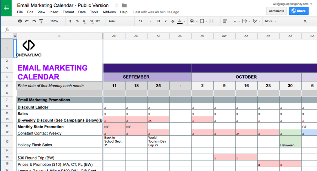 email marketing calendar example