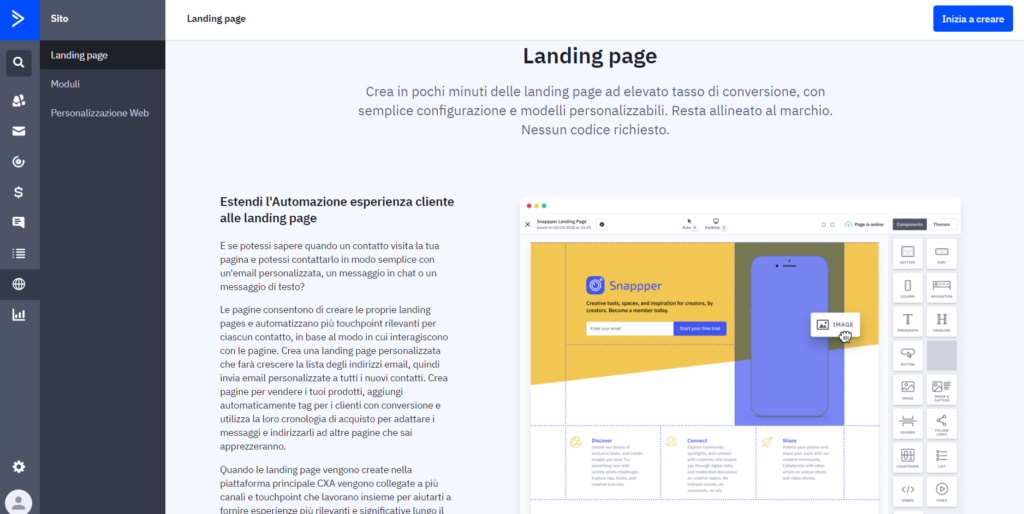 Sezione di ActiveCampaign dedicata alle landing page