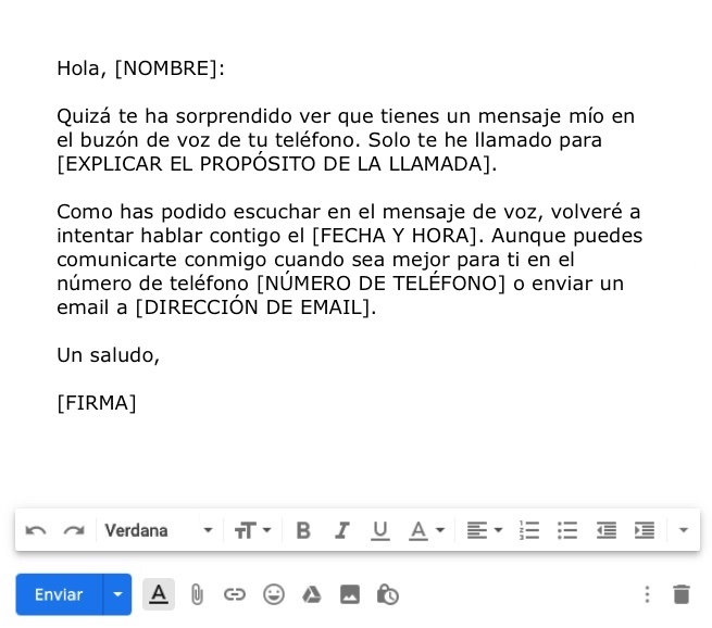 Un ejemplo de un correo de seguimiento después de dejar un mensaje en el buzón de voz