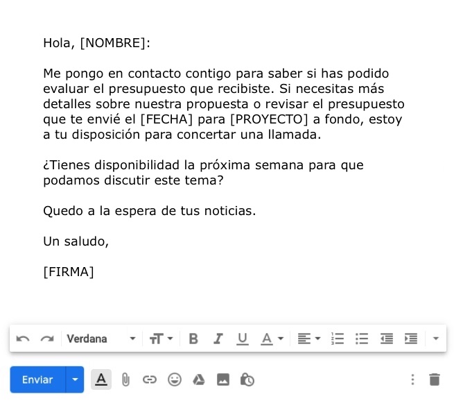 Un ejemplo de correo de seguimiento tras enviar un presupuesto