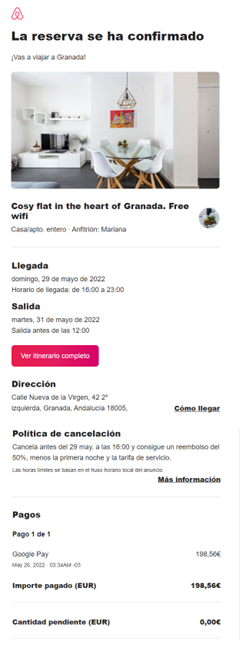 Email de confirmación de Airbnb como ejemplo de tipos de email marketing