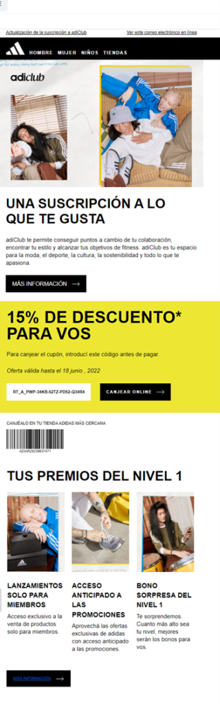 Email de newsletter de Adidas Argentina como ejemplo de tipos de email markerting