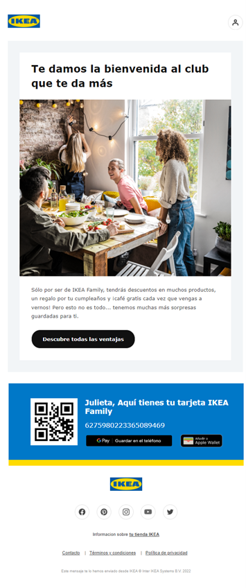  Email de bienvenida de IKEA como ejemplo de tipos de email marketing