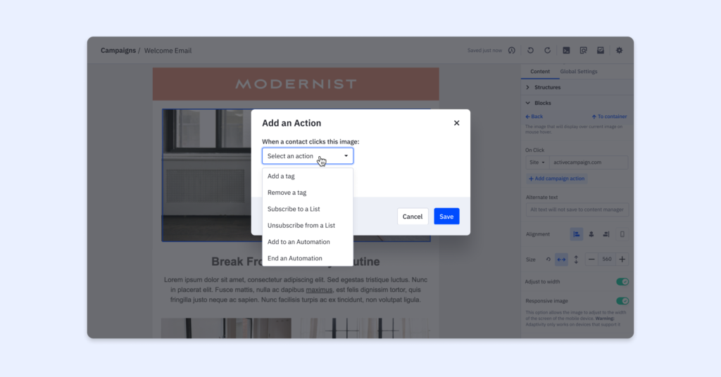 ActiveCampaign link actions automate the application of tags and workflows based on contact's engagement in the new email designer.