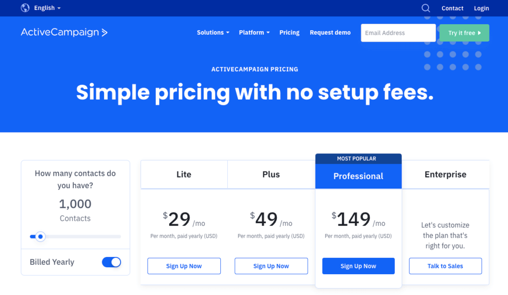ActiveCampaign pricing page