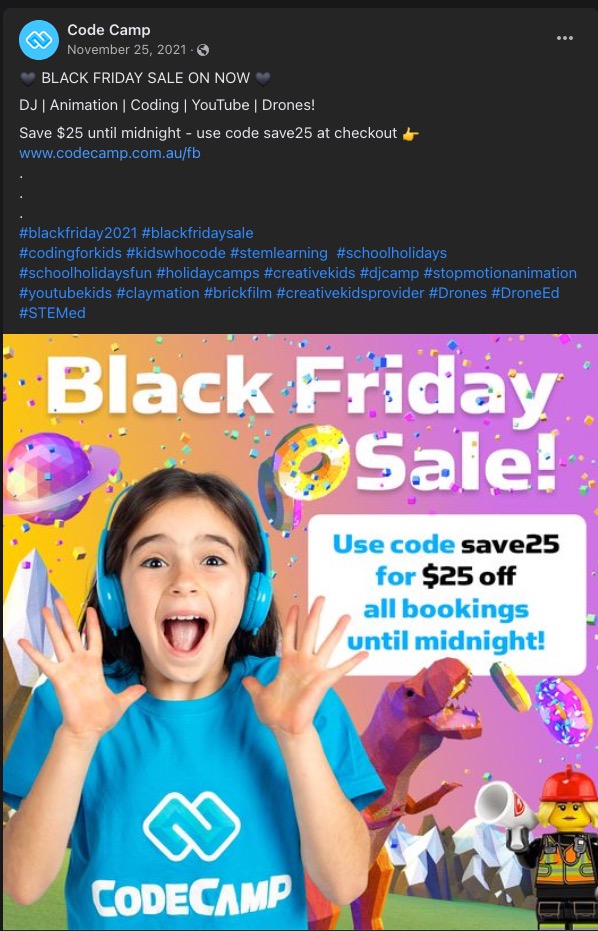 Anúncio da Code Camp para a Black Friday