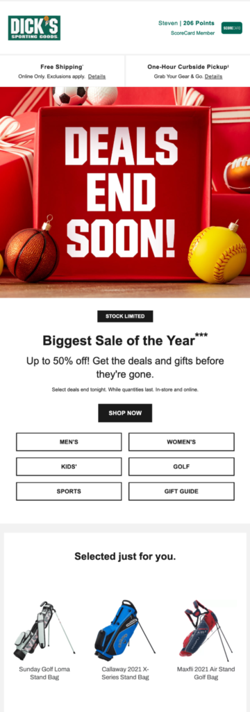 Black Friday email from Dick’s Sporting Goods