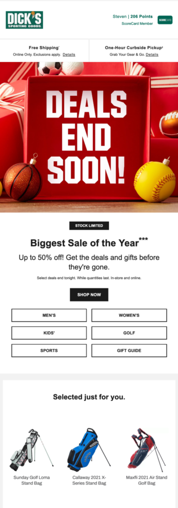 E-Mail zum Black Friday von Dick's Sporting Goods