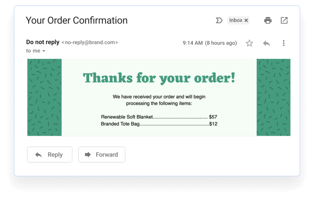 A screenshot of an order confirmation email