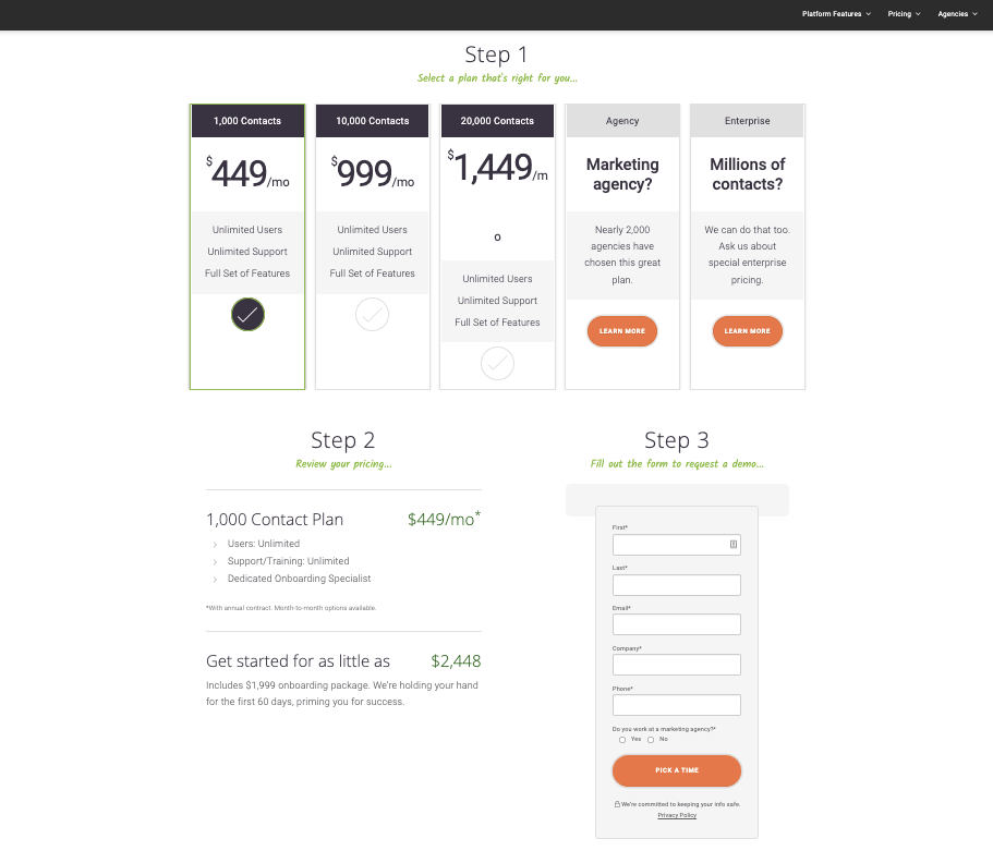 Screenshot of the pricing page for SharpSpring CRM