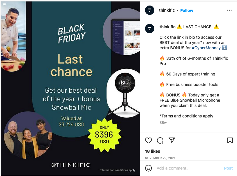 Ultimo post Instagram di Thinkific per il Black Friday