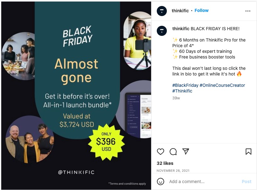 Follow-up del post instagram di thinkific per il black friday