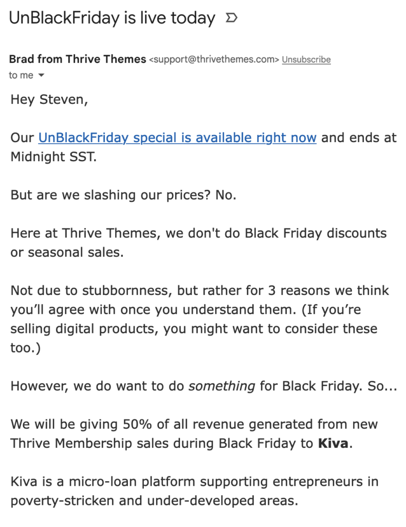 Correo electrónico de Thrive Themes sobre el UnBlackFriday