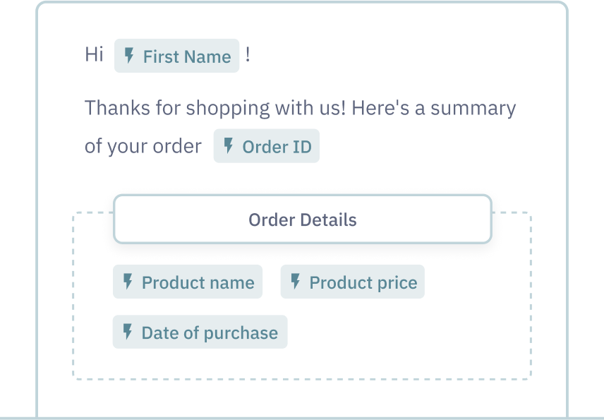 Example of adding dynamic tags to emails in order to add personalization. Dynamic options include First name, Order ID, Product name, Product price, date of purchase.