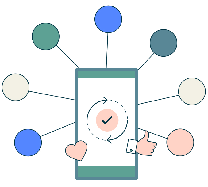cell phone with connective nodes and thumbs up icon