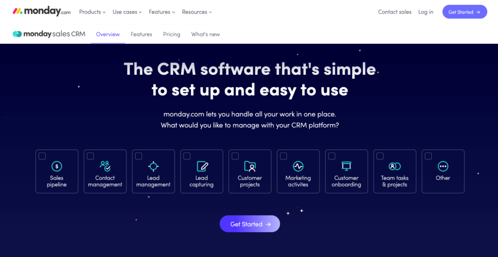 Screenshot of the sales CRM product page on monday.com