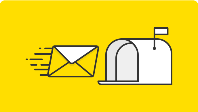 Illustration of an envelope flying into an open mailbox.