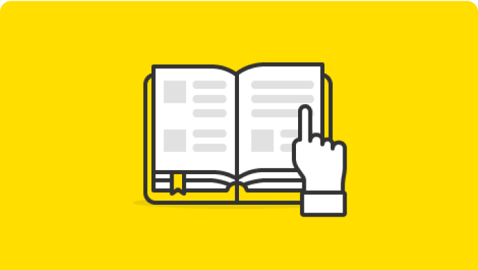 Illustration of an open book and a hand pointing at something on the page.
