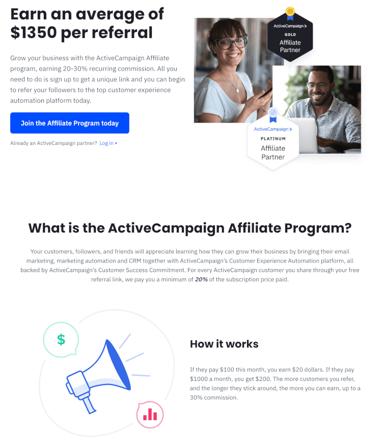 ActiveCampaign's signup page for its affiliate program