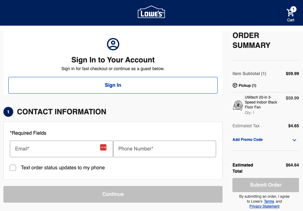 Lowe's guest checkout page