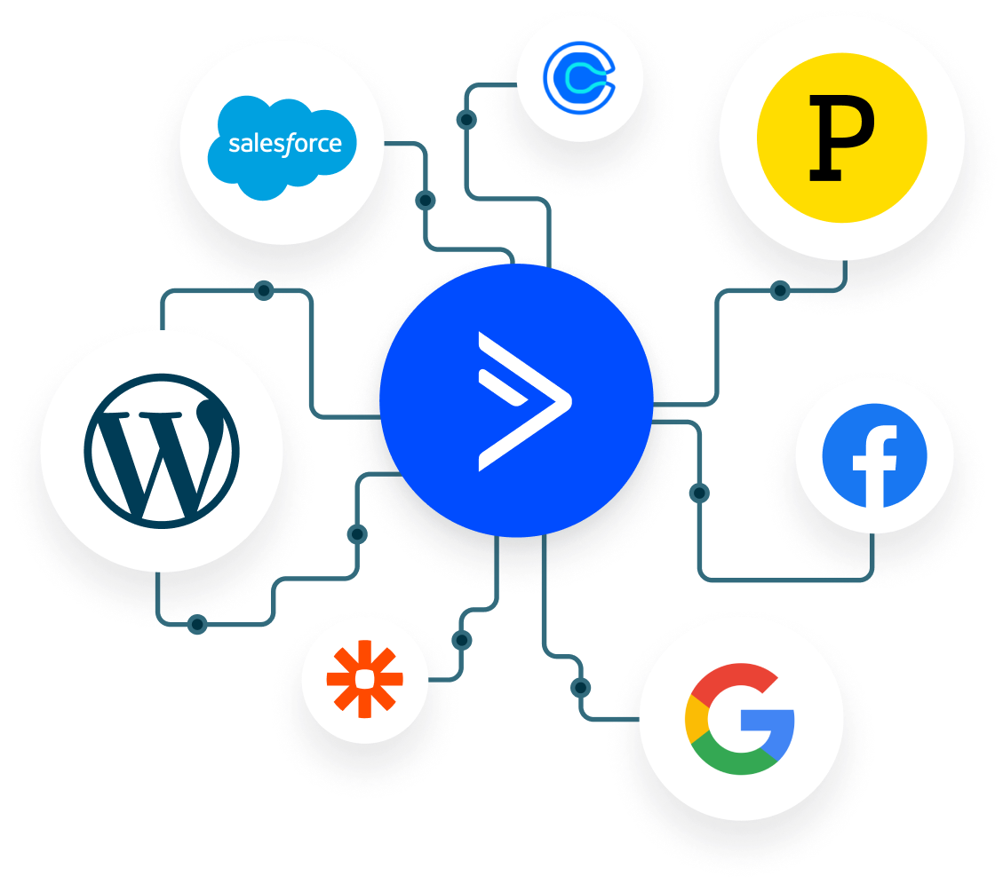 Illustration of your favorite Marketing apps connecting to ActiveCampaign like Google, Facebook, Zapier, WordPress, Salesforce, Postmark, and Calendly