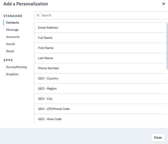 ActiveCampaign personalization tag modal