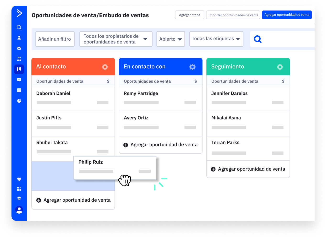 ActiveCampaign Deals CRM sales pipeline showing contact stages for tracking sales