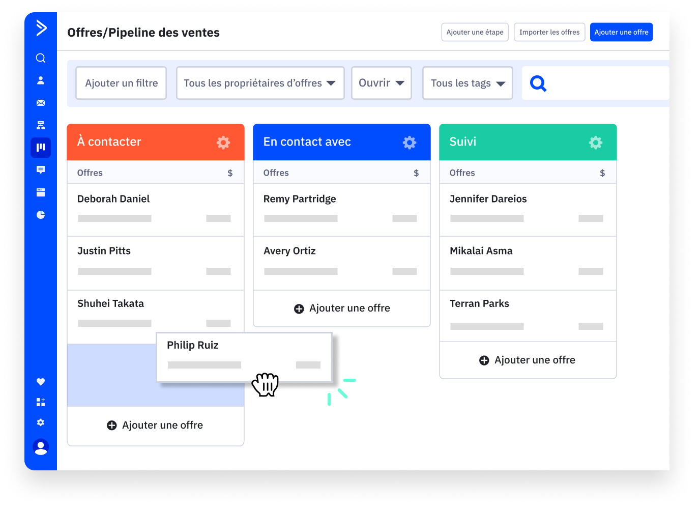 ActiveCampaign Deals CRM sales pipeline showing contact stages for tracking sales