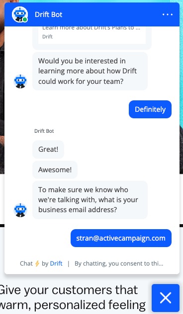 Drift uses its chatbot to set up a demo meeting after a pricing inquiry