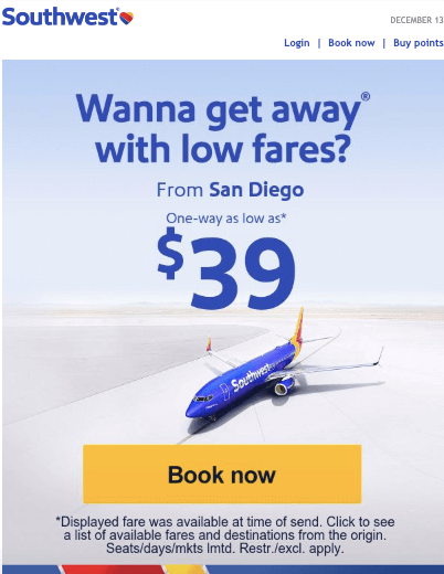 Sale email from Southwest Airlines
