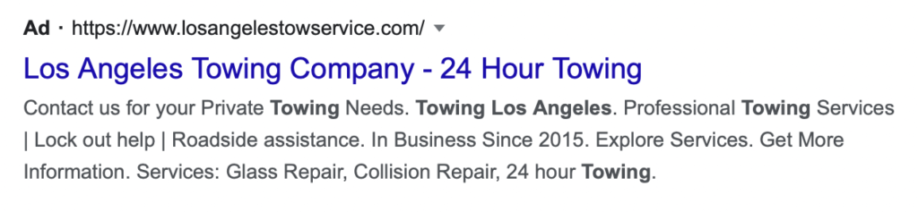 Google search text ad for towing