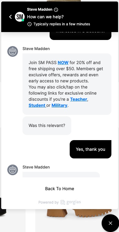 Steve Madden’s chatbot is seen here offering a rewards membership