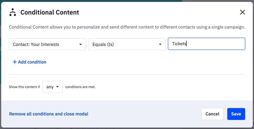 Screen for setting up conditional content