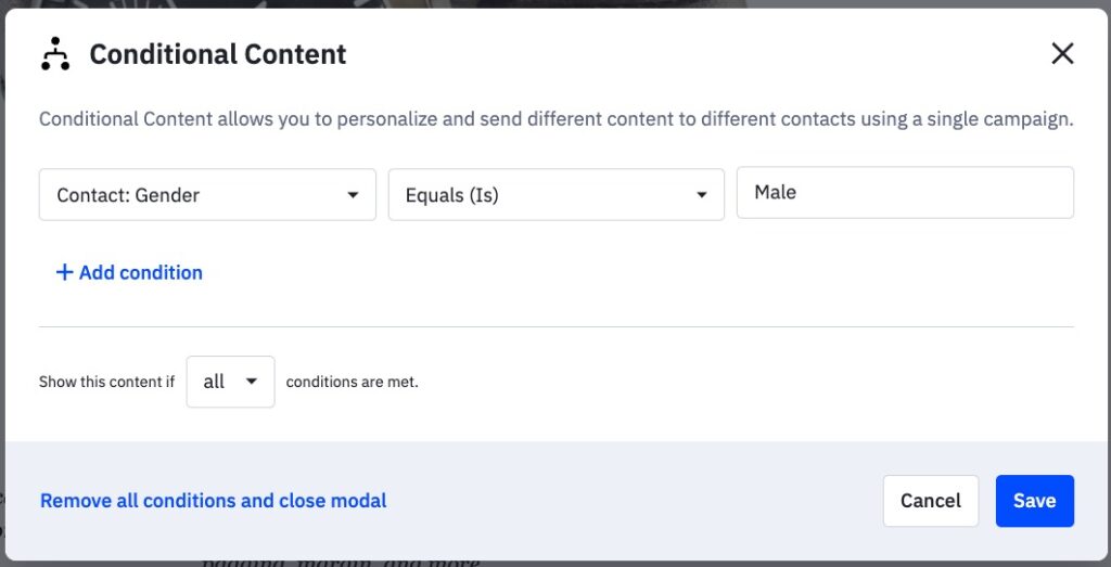 Screen for setting up conditional content rules