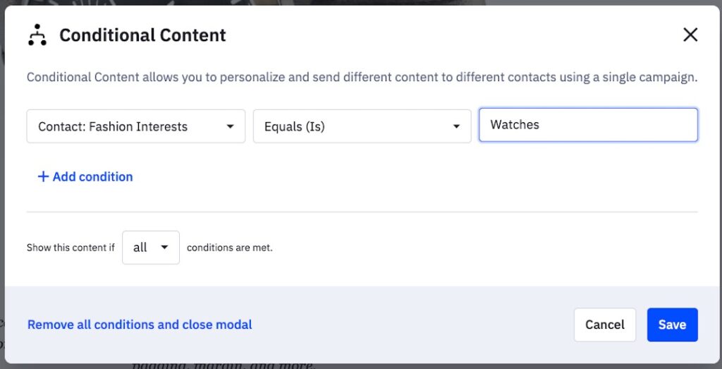 Screen for setting up conditional content rules
