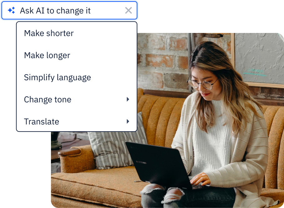 Woman on couch at laptop using AI to edit and change content