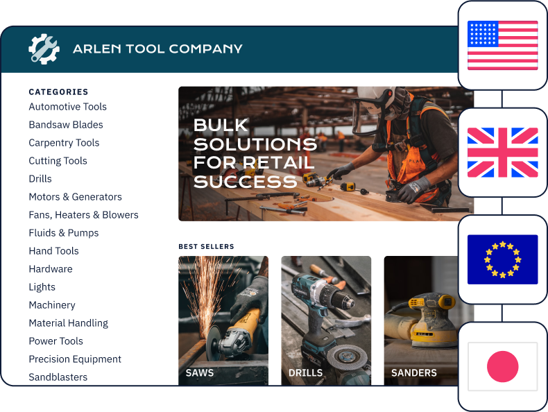 Mockup of the category page of an ecommerce website named Arlen Tool Company. There are four flags. From top to bottom they represent the United States, the United Kingdom, The European Union, and Japan.