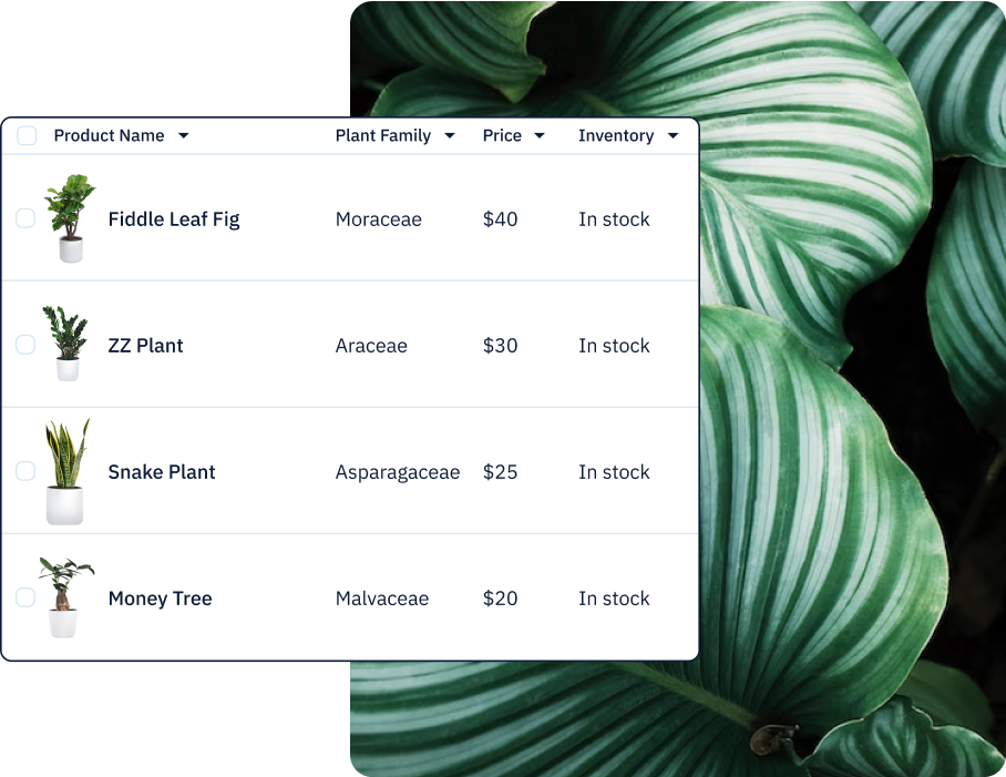 Mockup of an ecommerce store management screen that sells plants.