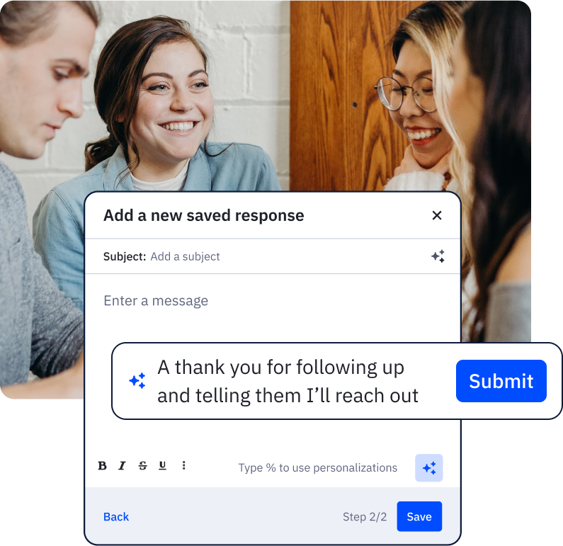 Team collaborating with email modal that is using AI to auto-generate message field