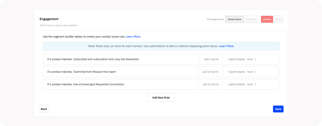 Engagement lead scoring form in ActiveCampaign