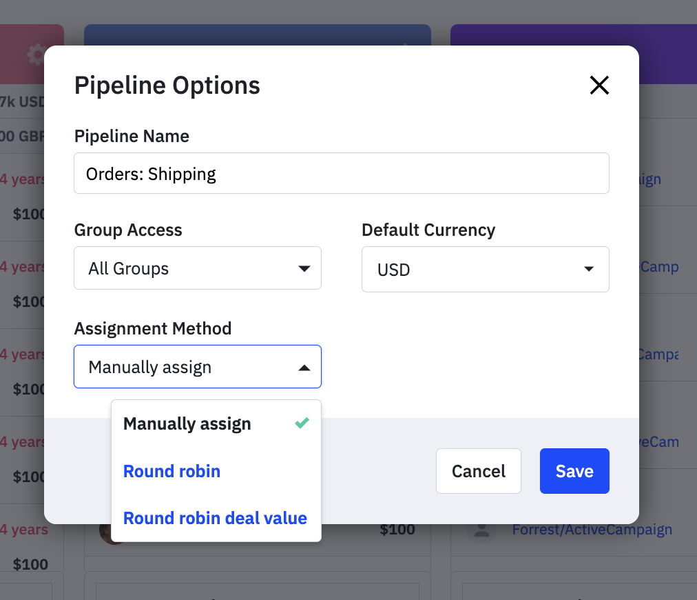 Pipeline options form in ActiveCampaign