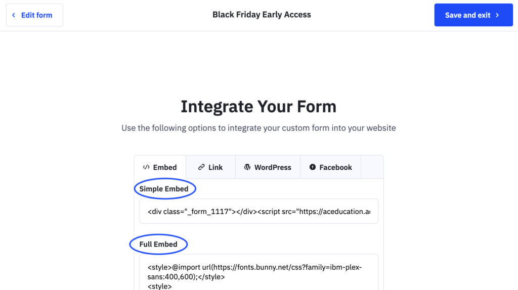 ActiveCampaign form integration page