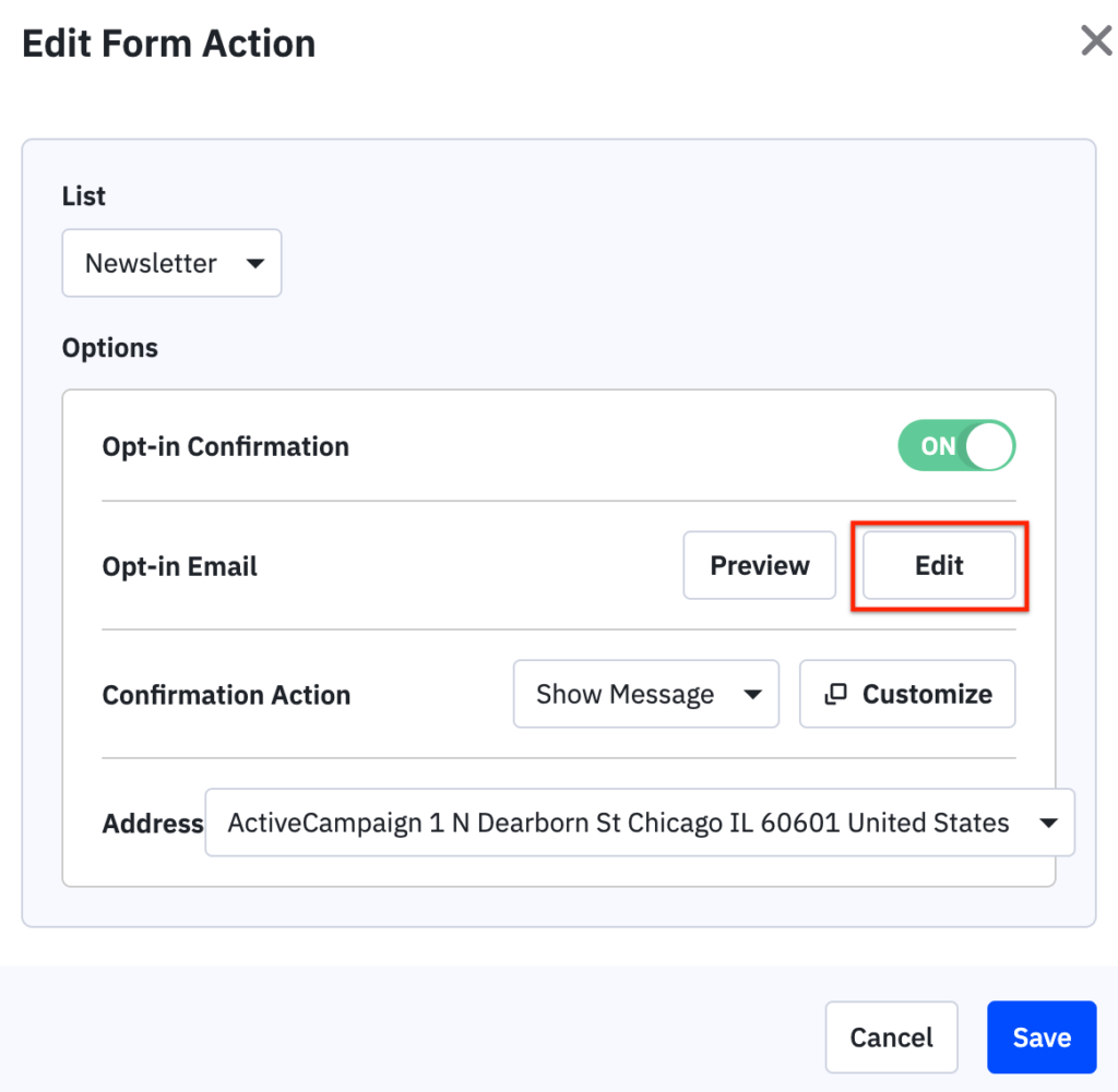 Edit form action in ActiveCampaign