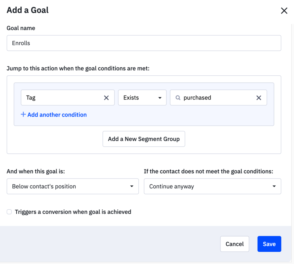 Add a Goal form in ActiveCampaign