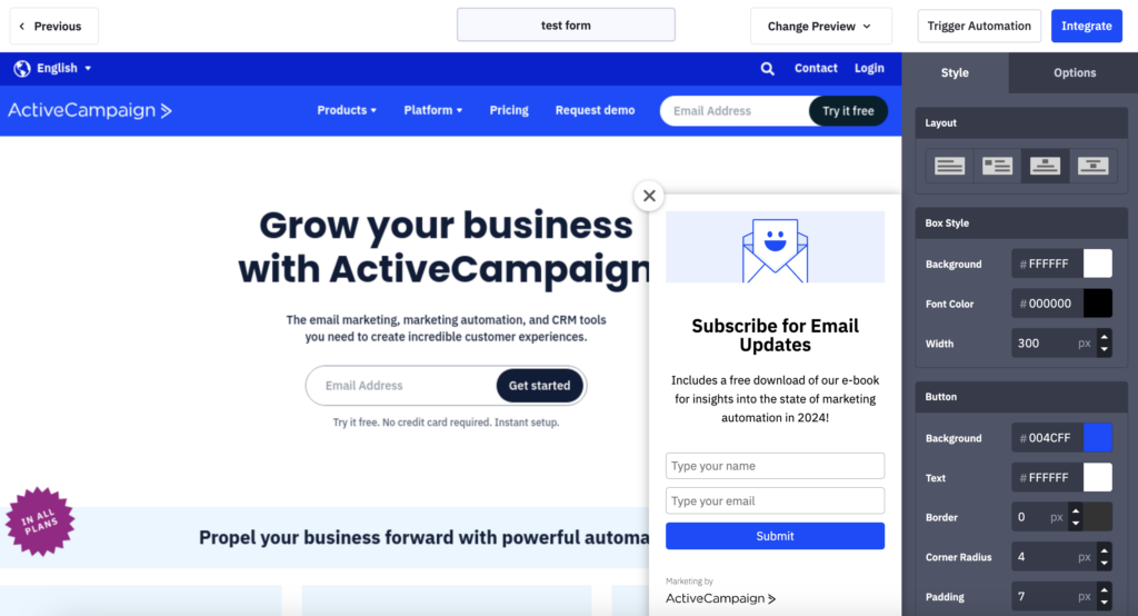 Example of ActiveCampaign's floating box form builder