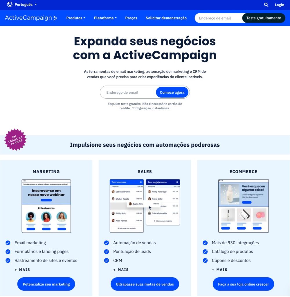 página inicial da ActiveCampaign