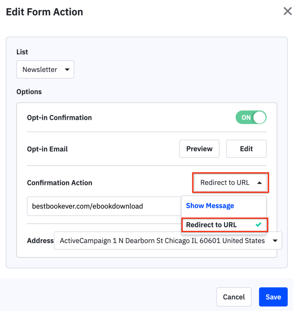 Edit for action tab in ActiveCampaign