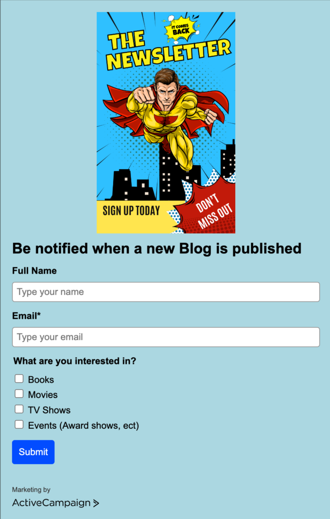 Example of a newsletter subscription form