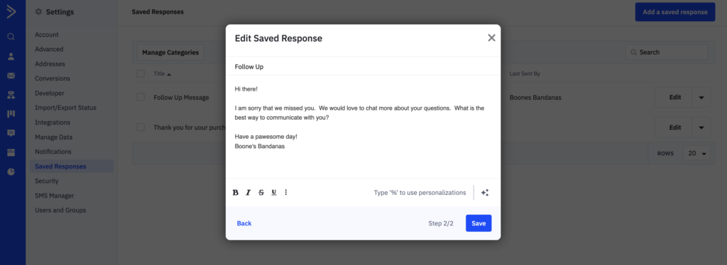Edit saved response form in ActiveCampaign